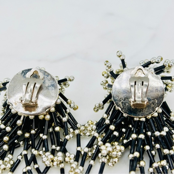 Vintage 80s Firecracker Clip On Earrings Runway Statement Dangle Black Silver - Picture 6 of 8